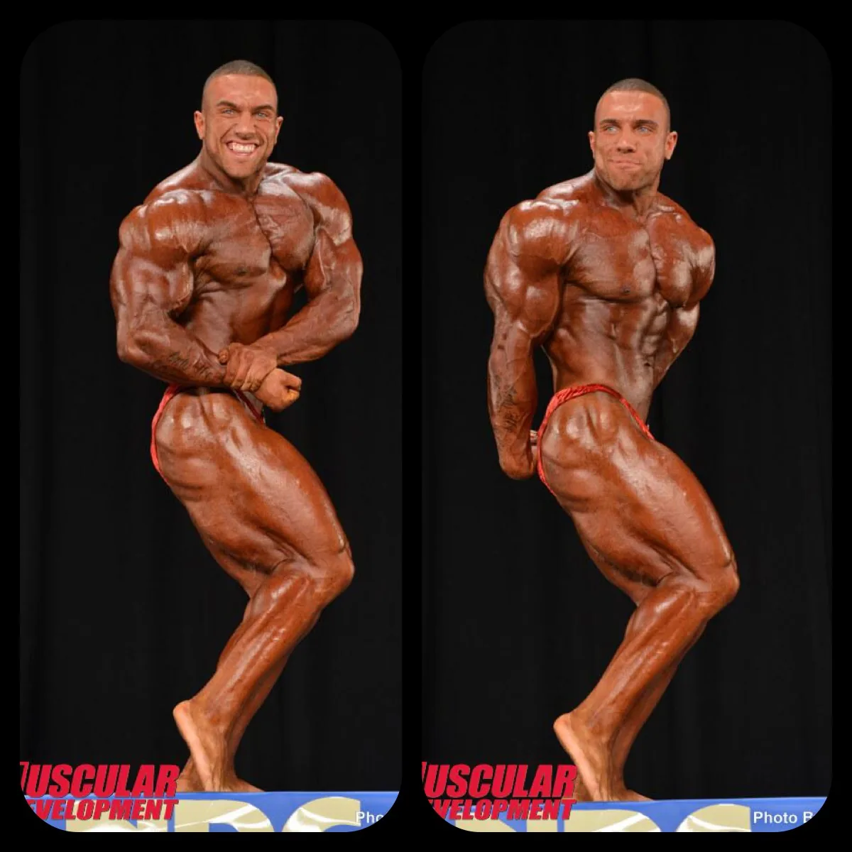 Dom Cardone on stage in contest condition, hitting a side chest and a side triceps pose.