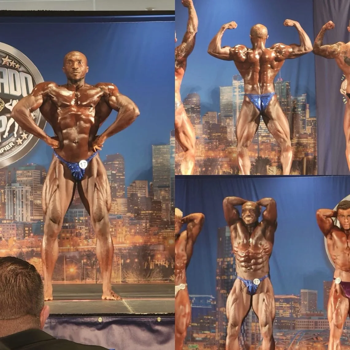 A Cardone Nutrition client competing on stage at a bodybuilding show.