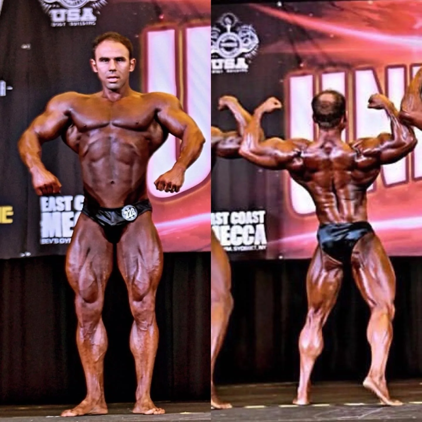 A Cardone Nutrition client competing on stage at a bodybuilding show.