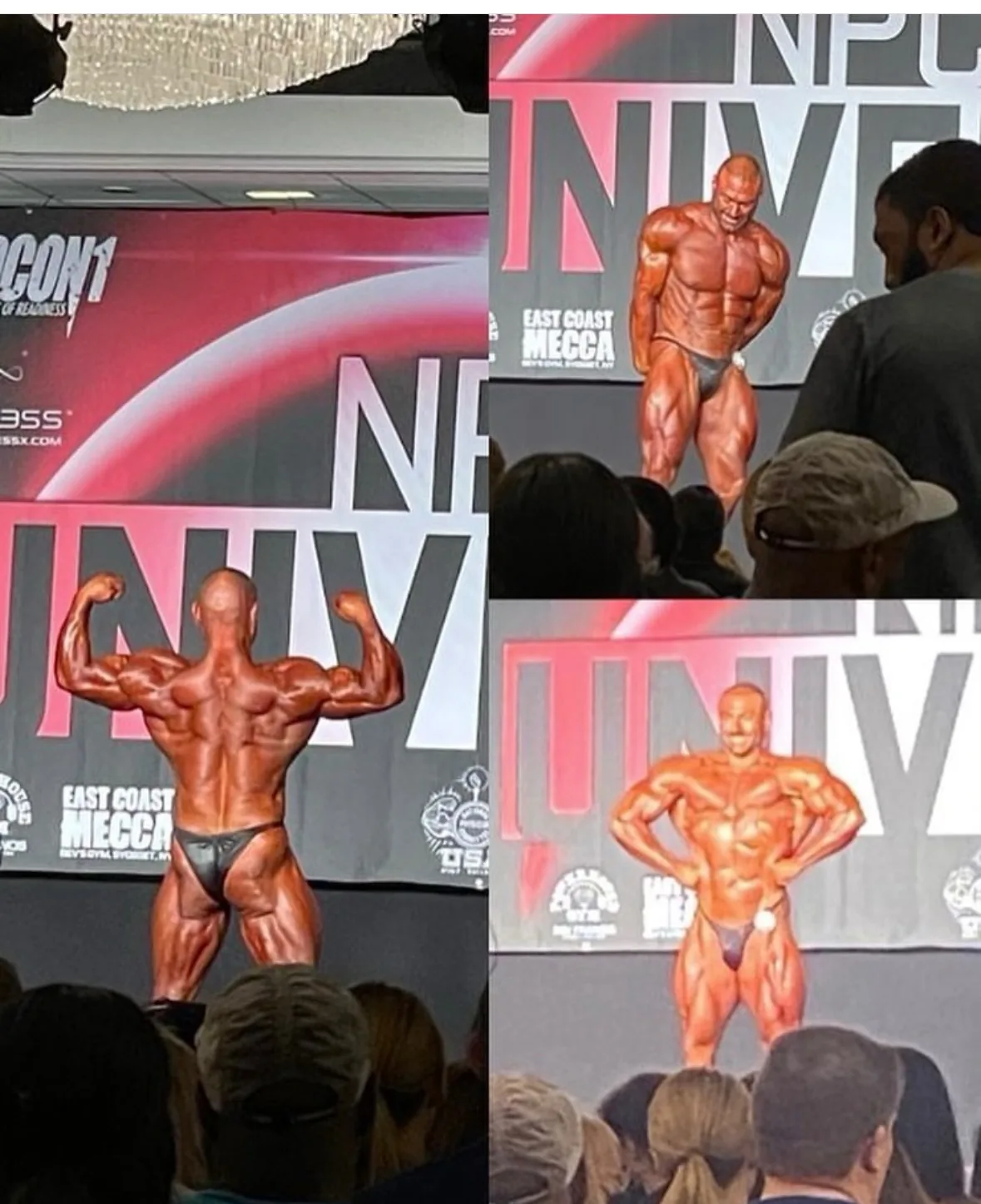 A Cardone Nutrition client competing on stage at a bodybuilding show.