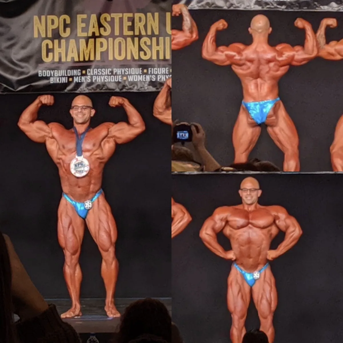 A Cardone Nutrition client competing on stage at a bodybuilding show.