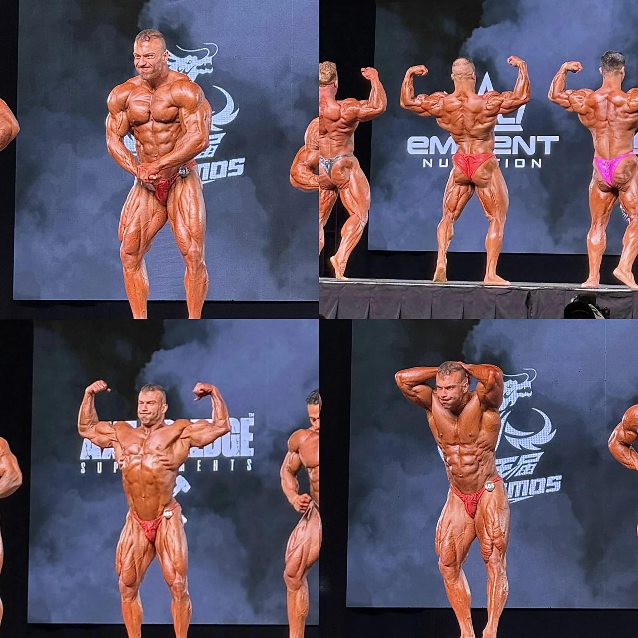 A Cardone Nutrition client competing on stage at a bodybuilding show.