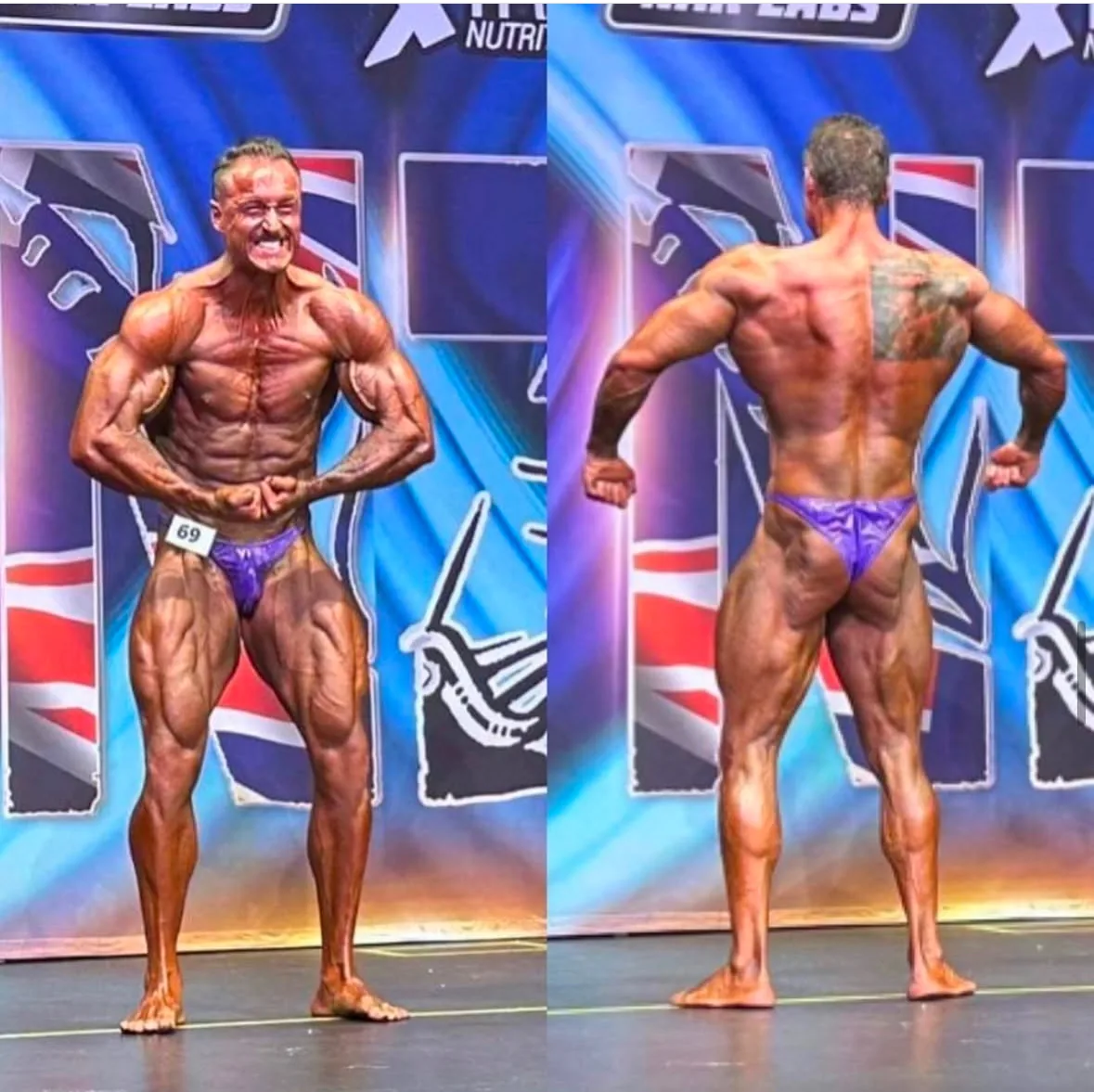 A Cardone Nutrition client competing on stage at a bodybuilding show.