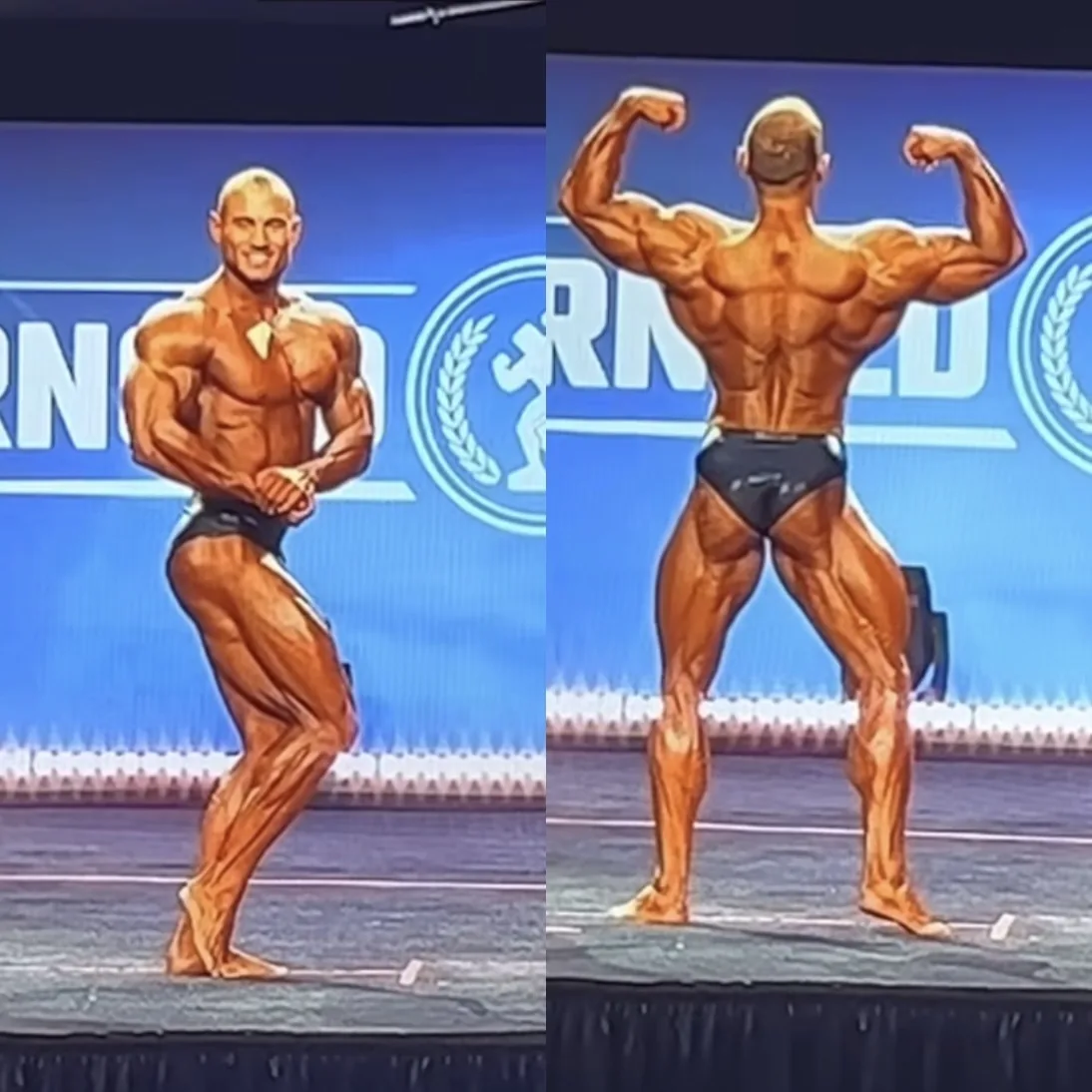 A Cardone Nutrition client competing on stage at a bodybuilding show.