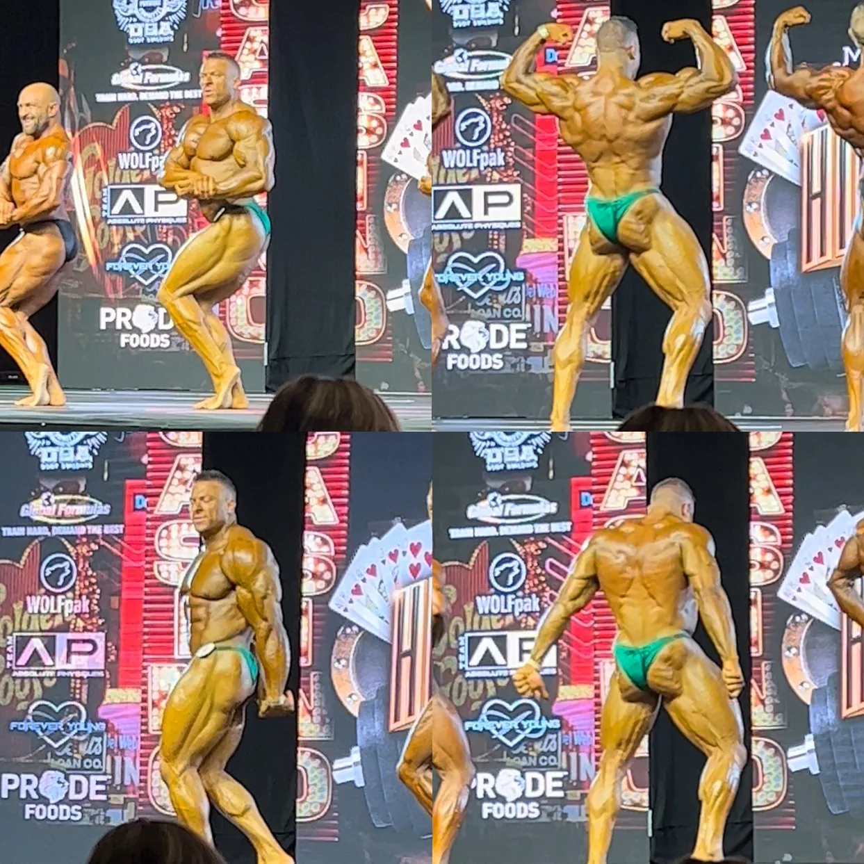 A Cardone Nutrition client competing on stage at a bodybuilding show.