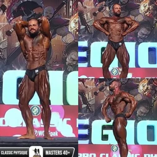 A Cardone Nutrition client competing on stage at a bodybuilding show.