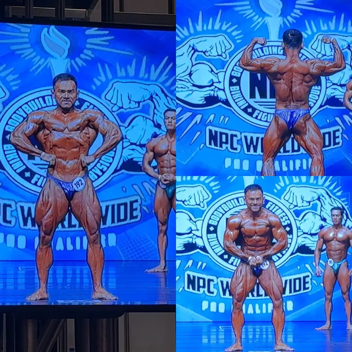 A Cardone Nutrition client competing on stage at a bodybuilding show.