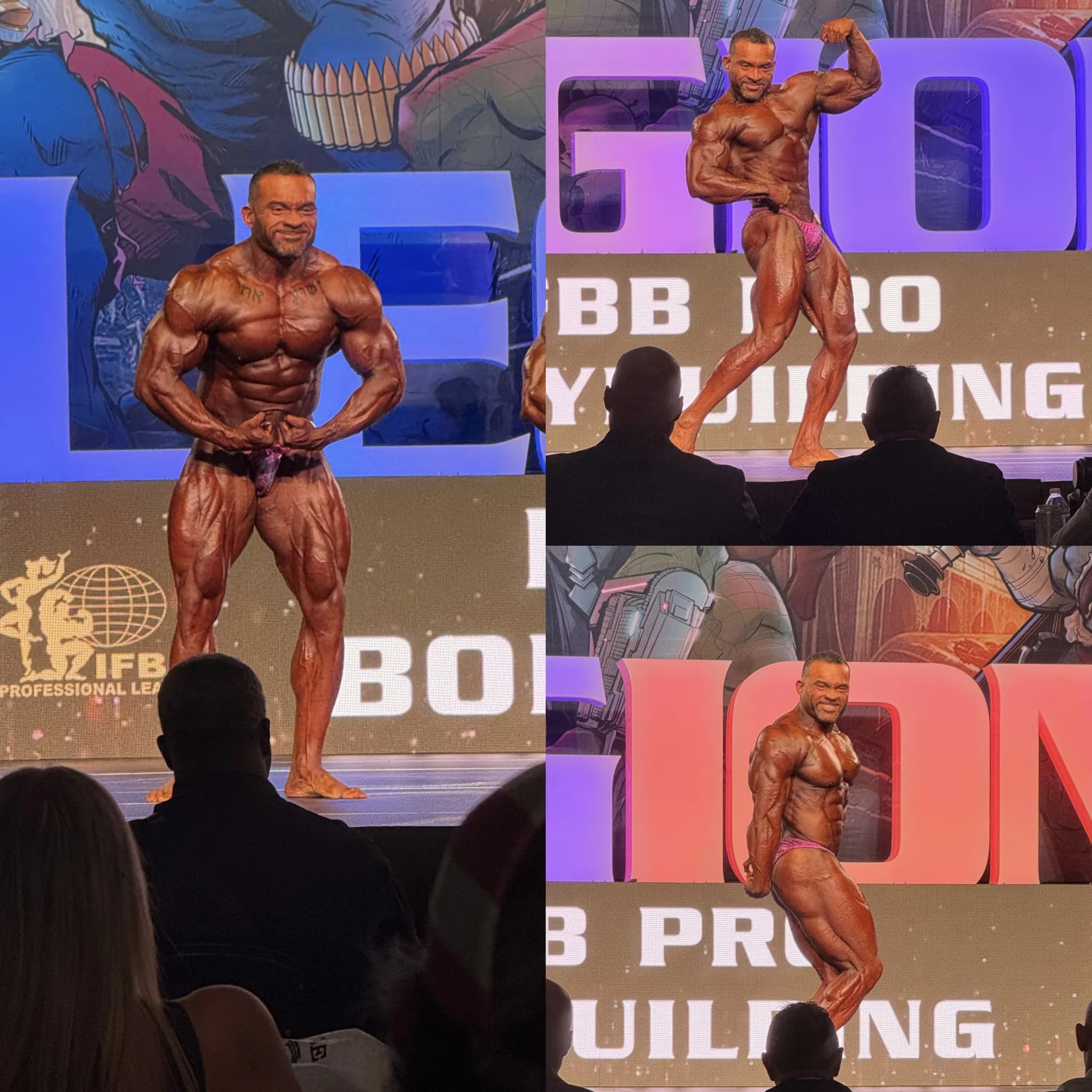 A Cardone Nutrition client competing on stage at a bodybuilding show.
