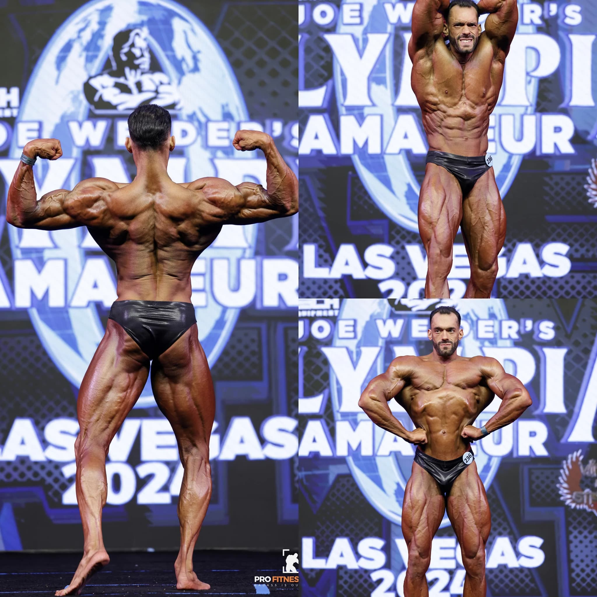 A Cardone Nutrition client competing on stage at a bodybuilding show.