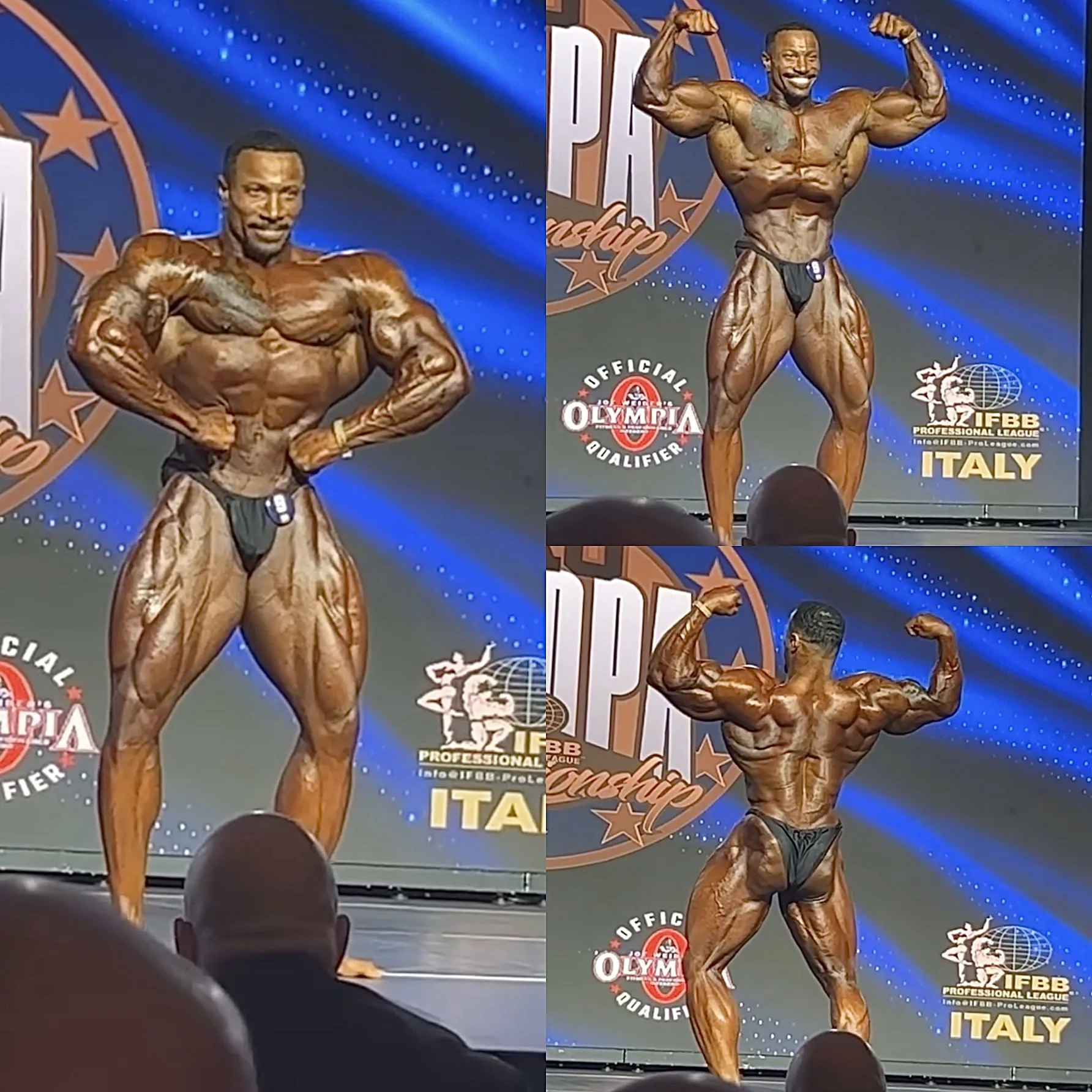 A Cardone Nutrition client competing on stage at a bodybuilding show.