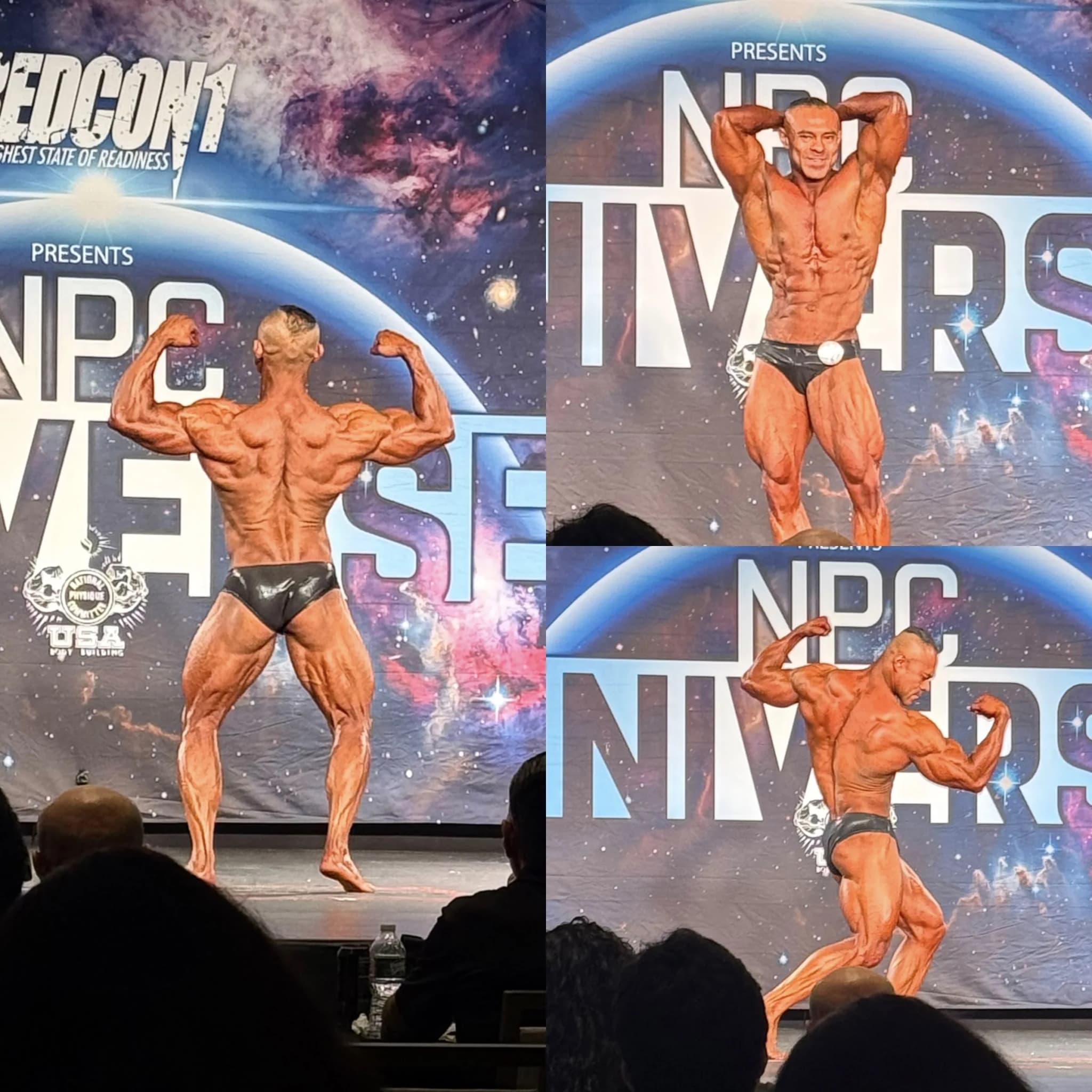 A Cardone Nutrition client competing on stage at a bodybuilding show.
