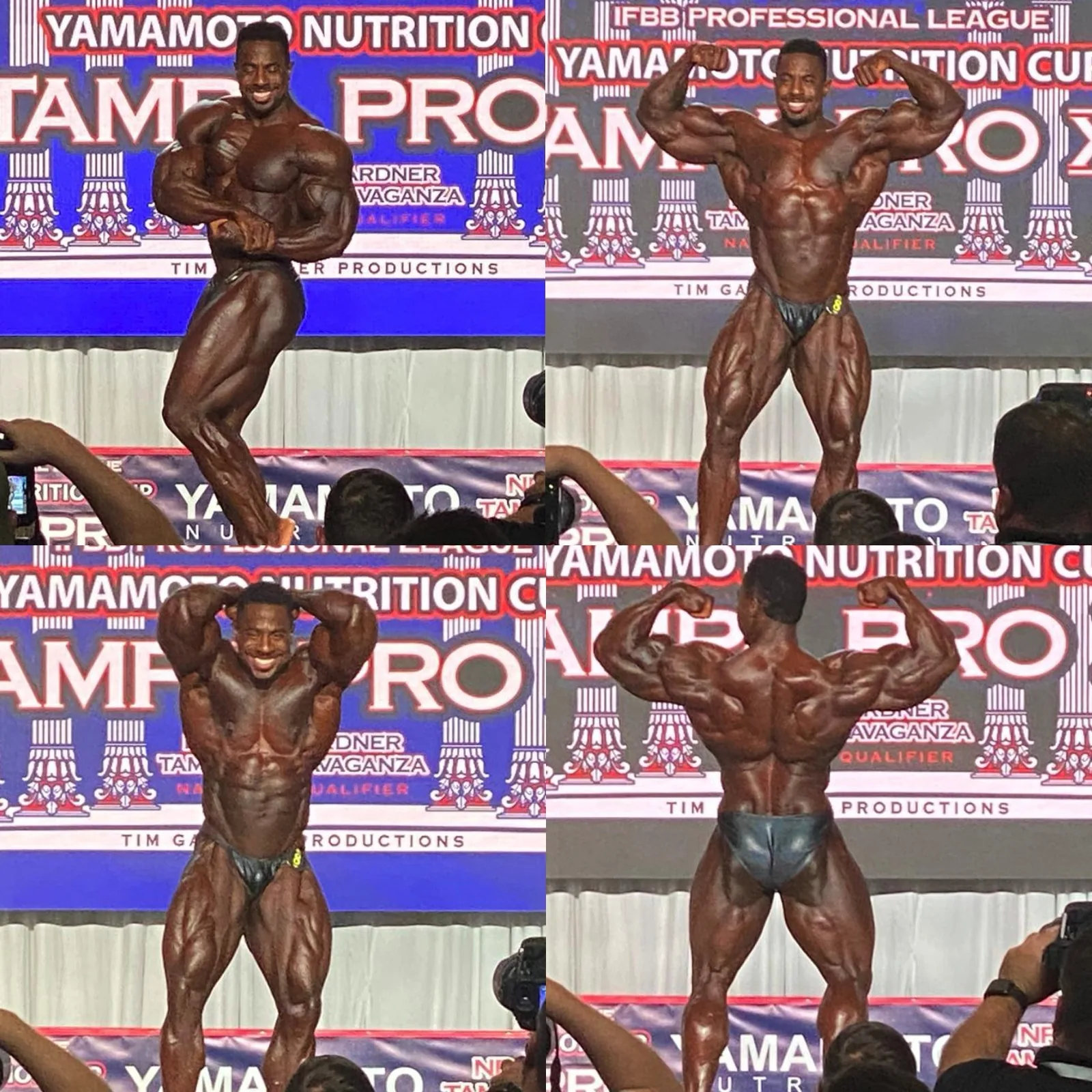 A Cardone Nutrition client competing on stage at a bodybuilding show.