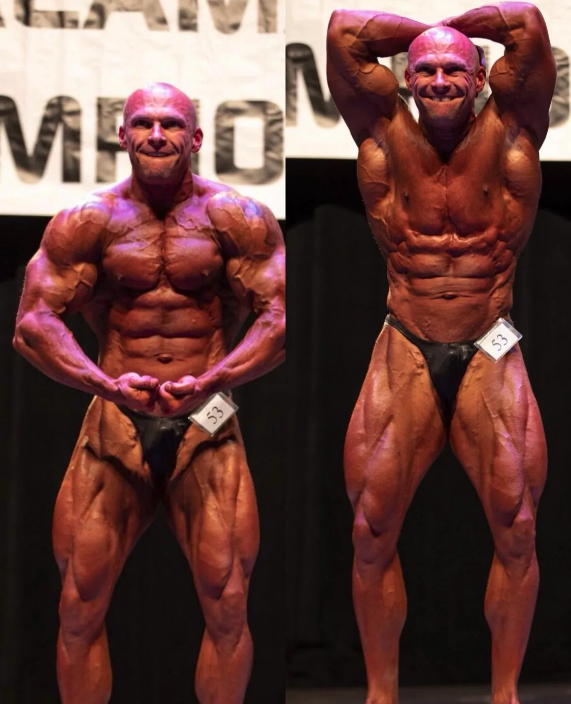 A Cardone Nutrition client competing on stage at a bodybuilding show.